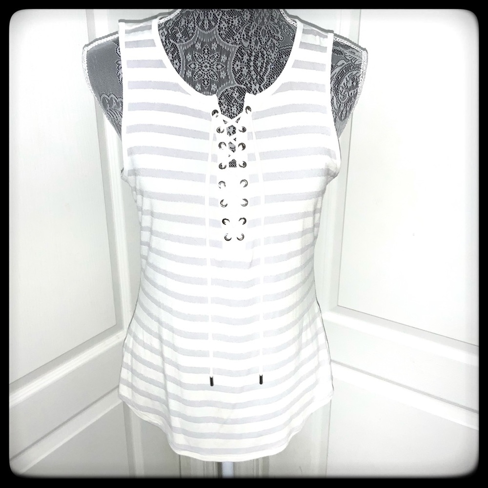 WHBM Top Silver/White Slvls with lace up front M